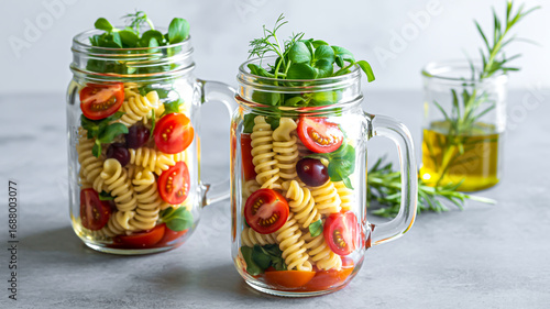 A food photography shot of layered pasta salad in mason jar mugs on a light gray surface.