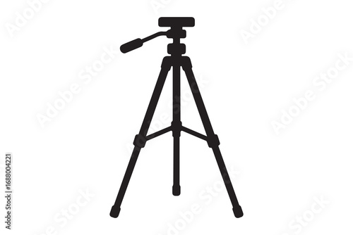 A silhouette of a camera tripod with a handle and adjustable legs on a white background