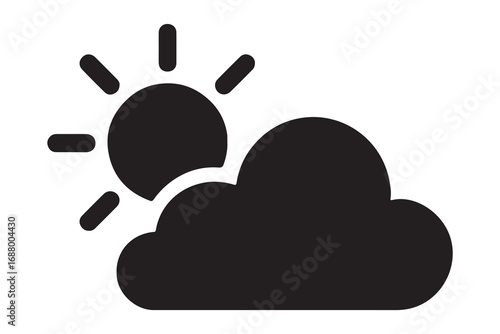Weather icon with a sun behind a cloud representing a partly cloudy day for a forecast report about the climate and atmosphere vector solid glyph icon on white background    