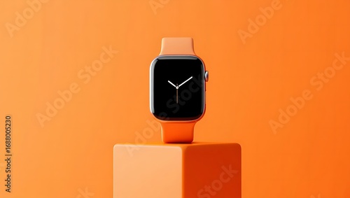 Modern smart watch on orange pedestal showcasing technology and wearable innovations studio shot