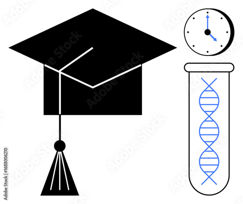 Graduation cap, clock, and test tube with DNA strand highlight education, time management, progress, and scientific discovery. Ideal for success, knowledge, innovation biology genetics research