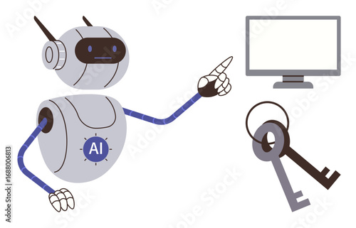 AI robot gesturing towards keys and computer monitor, symbolizing digital access, technology, cybersecurity, automation, future, problem-solving, and innovation. Ideal for tech secure systems
