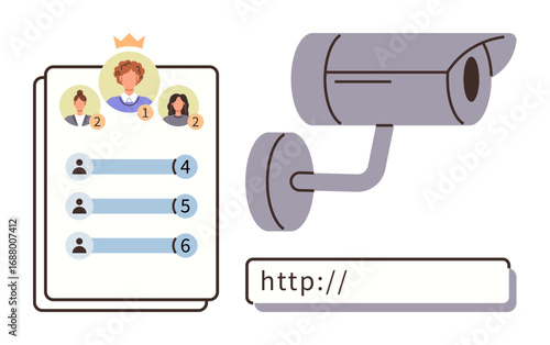 Leaderboard with user rankings, surveillance camera symbolizing internet activity tracking, and a blank URL bar. Ideal for cybersecurity, privacy, monitoring, digital safety, technology, online