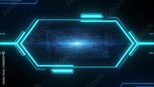 Glowing blue neon frame with a bright light on a dark background with futuristic design elements.
