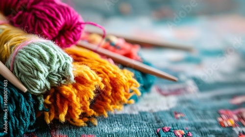 Vibrant Yarn Balls and Knitting Needles Close Up
