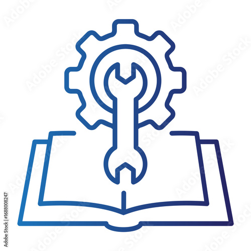 Line art icon representing an instruction manual for setup, repair, and system configuration with gear and wrench tools