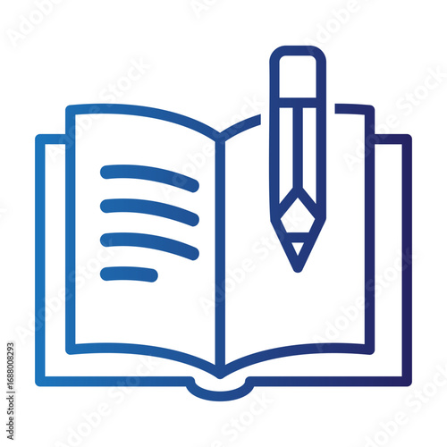 Blue gradient line icon of an open book and pencil, representing education, writing, studying, and gaining knowledge