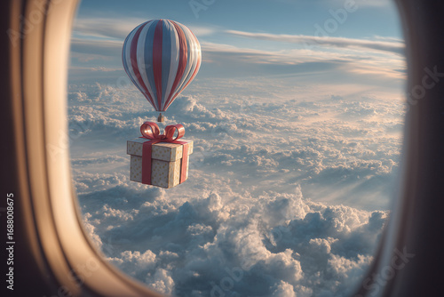 Hot air balloon carrying gift box above clouds