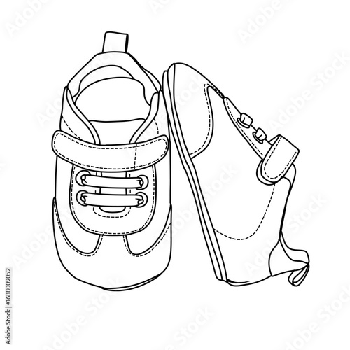 Detailed line art illustration showcasing a pair of baby shoes, one facing forward and the other in profile, featuring a hook and loop fastener.