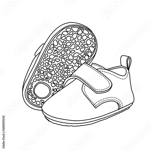 A black and white line drawing of a pair of baby shoes. One shoe is shown from the side with a velcro strap, and the other is shown from the sole, revealing a textured pattern.