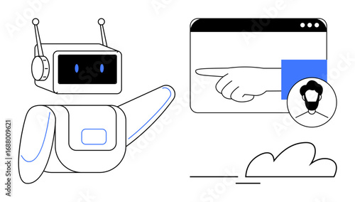 Robot gesturing toward a browser window with a pointing hand icon and user profile. Ideal for technology, AI, automation, customer service, user interaction, machine learning, digital engagement