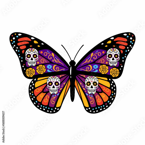 A vibrant monarch butterfly adorned with intricate Day of the Dead sugar skull patterns and floral motifs, showcasing a colorful and artistic representation of cultural symbolism.