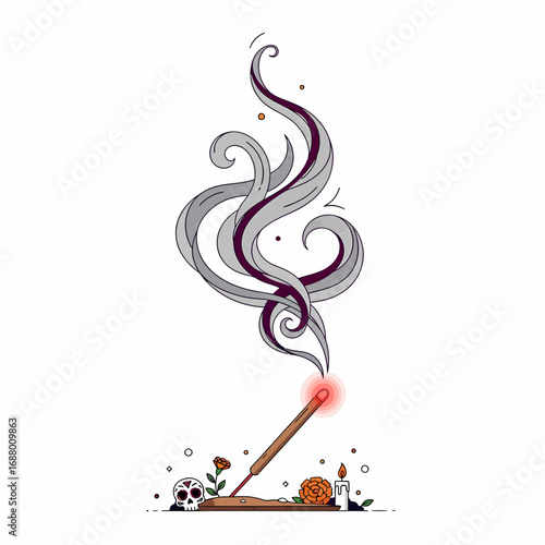 An incense stick smoldering with stylized smoke, surrounded by symbolic elements like a skull, marigold, and candle, evoking a sense of ritual and remembrance.