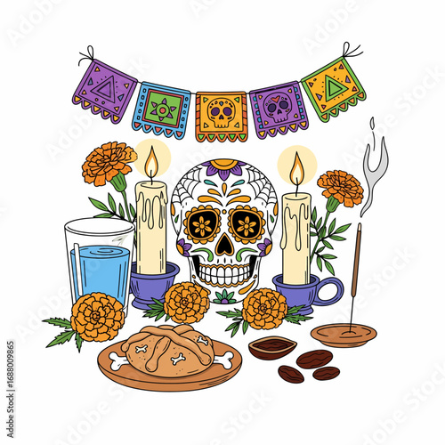 A vibrant Day of the Dead altar featuring a decorated sugar skull, marigolds, lit candles, incense, bread, and a drink, adorned with colorful papel picado banners.
