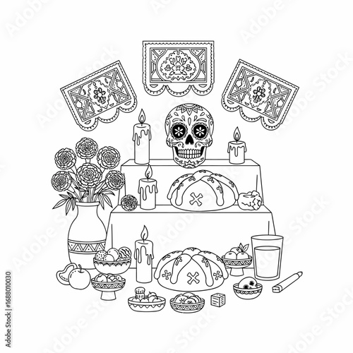 Dia de los Muertos Ofrenda:  Sugar skull, candles, pan de muerto, and marigolds adorn a traditional altar.