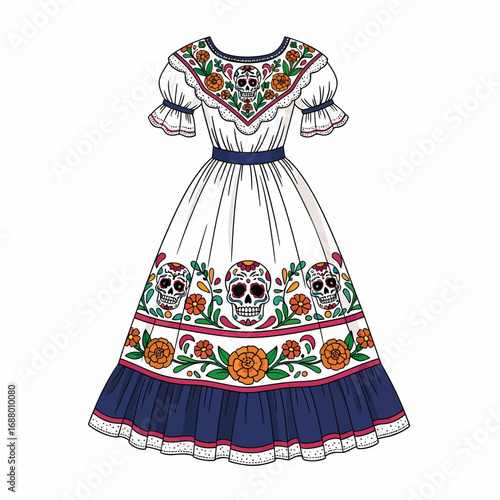 An illustrated white and blue traditional Mexican dress adorned with colorful sugar skulls and marigold flowers.
