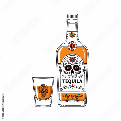 An illustration of a tequila bottle and shot glass, decorated with a sugar skull design.