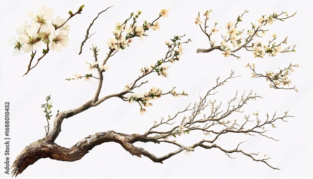 Fototapeta premium The illustration shows several detailed branches with delicate white blossoms, some with buds and others fully bloomed, against a white background.