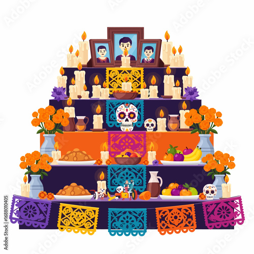 Colorful Day of the Dead altar with offerings, candles, and photos.