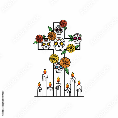 A stylized illustration of a cross adorned with decorated skulls, flowers, and candles.