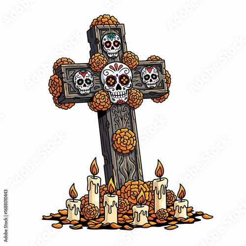A colorful illustration of a wooden cross decorated with skulls, flowers, and candles, celebrating the Day of the Dead.
