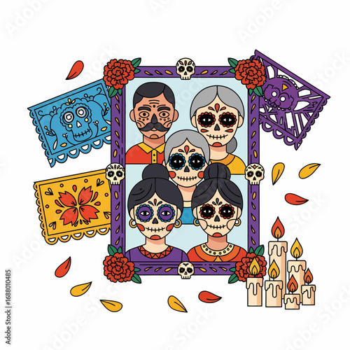 Day of the Dead family portrait, decorated with traditional papel picado and candles.