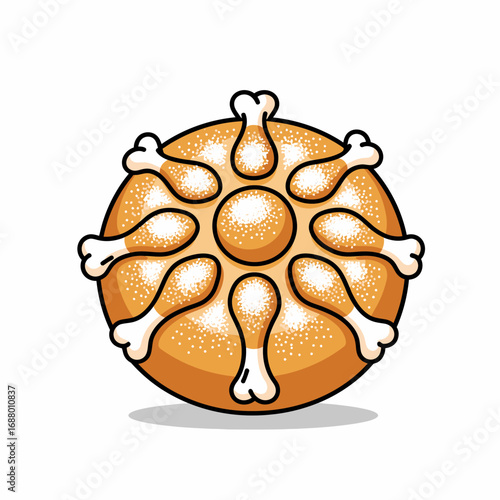 A whimsical illustration of a round bread resembling a sun with chicken legs.
