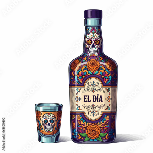 Ornate tequila bottle and shot glass, Day of the Dead design, colorful skull motifs.