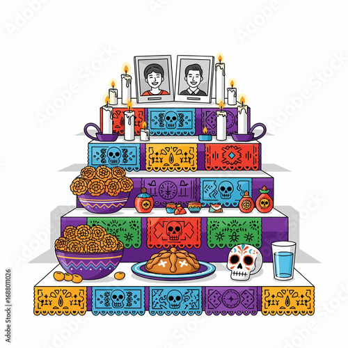 A traditional multi-tiered Día de los Muertos altar with portraits, candles, sugar skulls, and marigold offerings.