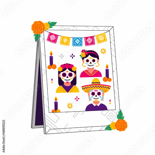A colorful illustration of a framed photograph featuring four individuals adorned with traditional Dia de los Muertos sugar skull makeup and festive attire, ...