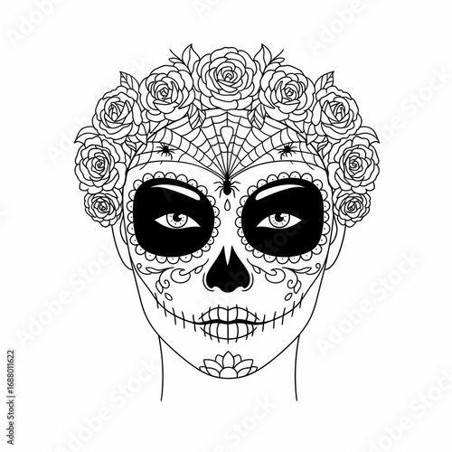 Detailed line drawing of a woman's face adorned with traditional Day of the Dead sugar skull makeup, featuring a floral rose crown and spiderweb elements.