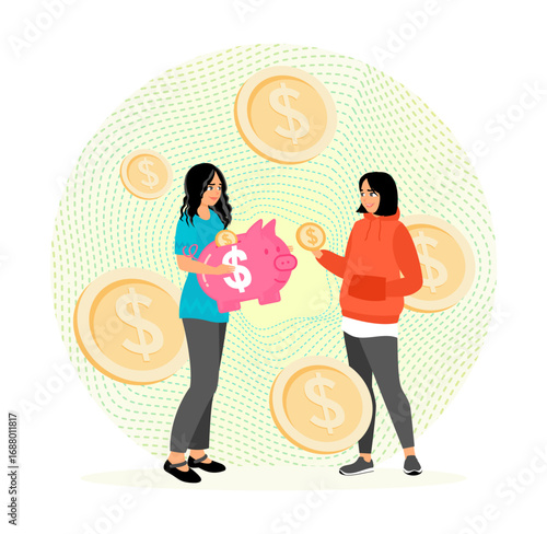 Financial Literacy Concept. Individuals Saving Money Using a Piggy Bank with Dollar Signs Around.