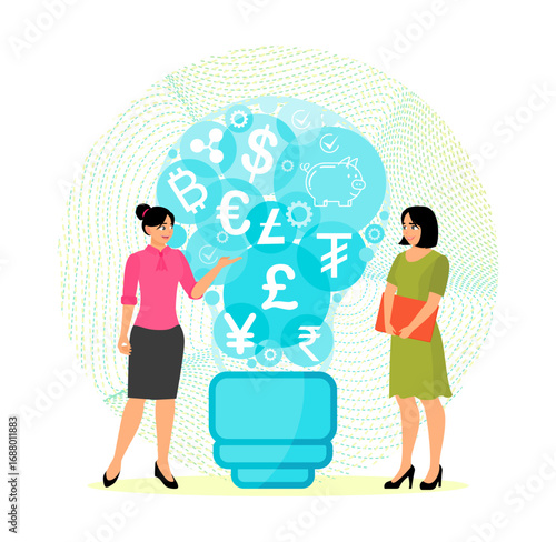 Financial Literacy Concept. Businesswomen Discussing Financial Ideas with Currency Symbols.