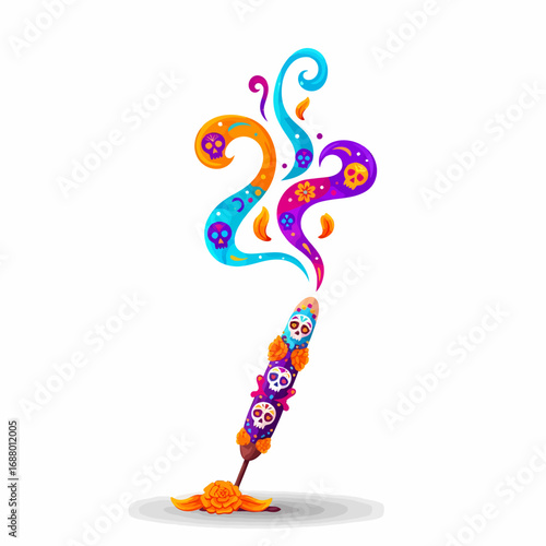 Colorful illustration depicting a decorated incense stick with stylized smoke and skulls, and a marigold.