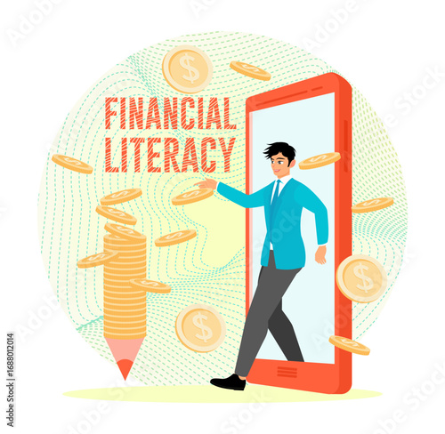 Financial Literacy Concept with Smartphone and Floating Coin Graphics.