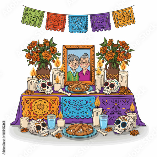 Colorful Day of the Dead altar with portrait, candles, skulls, flowers, papel picado, bread, and water glasses.