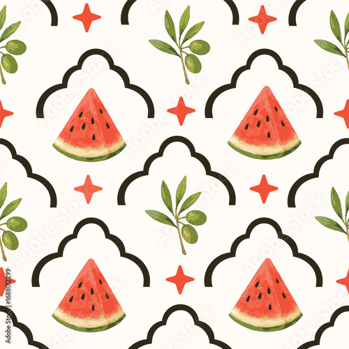 Vintage seamless pattern olive and watermelon. Palestine symbol design.
