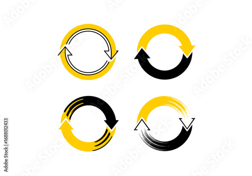 Four circular arrow icons with varying designs in yellow and jet arranged symmetrically view from above