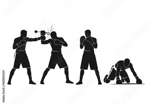 Silhouette of boxers training with reflex ball and knockout pose in a boxing match scene