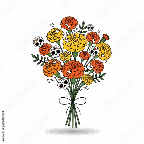 Colorful marigold bouquet adorned with decorative sugar skull motifs.