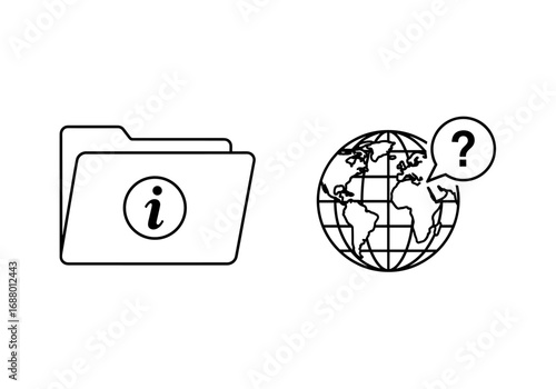 Folder icon with information symbol and globe with question mark in a speech bubble graphic