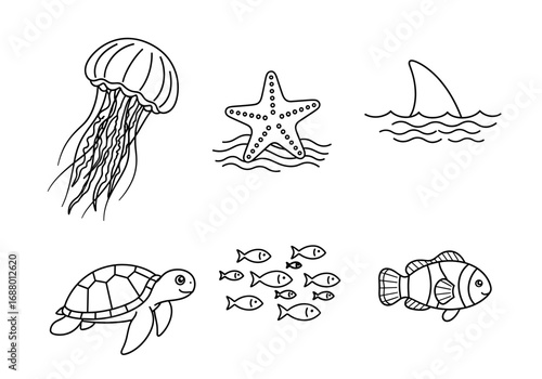Marine life drawings featuring jellyfish, starfish, shark fin, turtle, fish and clownfish