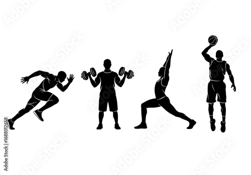Athletic men silhouettes showcasing diverse exercises and sports activities displayed together
