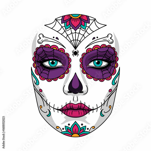 Colorful sugar skull face design, intricate details, vibrant colors, festive, decorative, Halloween theme.