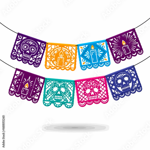 Colorful papel picado banner with skulls and candles, celebrating Dia de los Muertos.