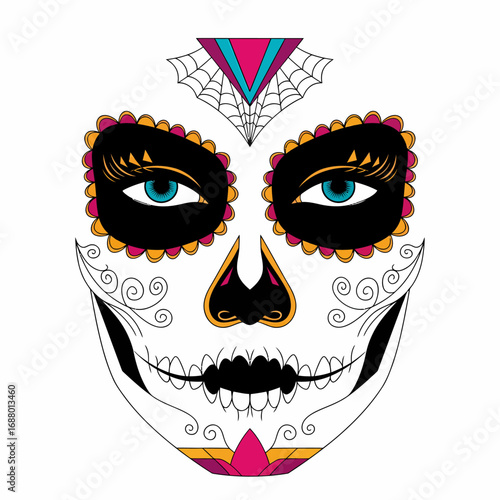 Colorful decorative skull face mask design, featuring intricate details and vibrant colors.