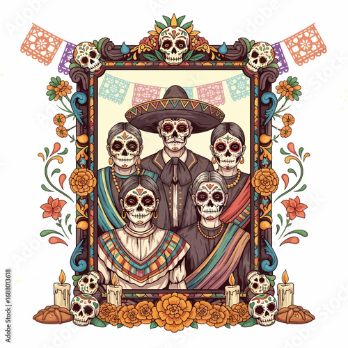 A stylized family portrait, Day of the Dead theme, featuring intricate details and colorful costumes.