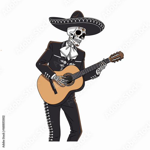 A skeletal mariachi musician serenades, playing a classic guitar in traditional attire.