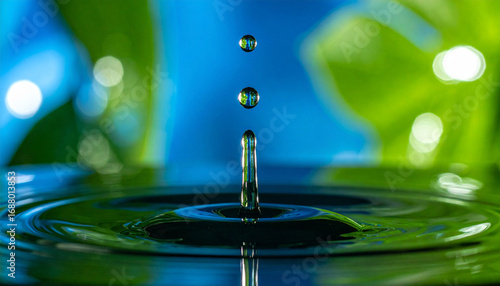 Wallpaper Mural Water Droplet's Dance: A stunning macro capture showcases the delicate elegance of water droplets, suspended mid-air, against a backdrop of vibrant green leaves and a serene blue gradient. Torontodigital.ca