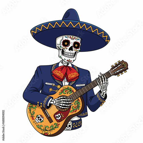 A skeleton dressed in a mariachi suit and sombrero, playing an ornate acoustic guitar decorated with skulls and floral patterns.